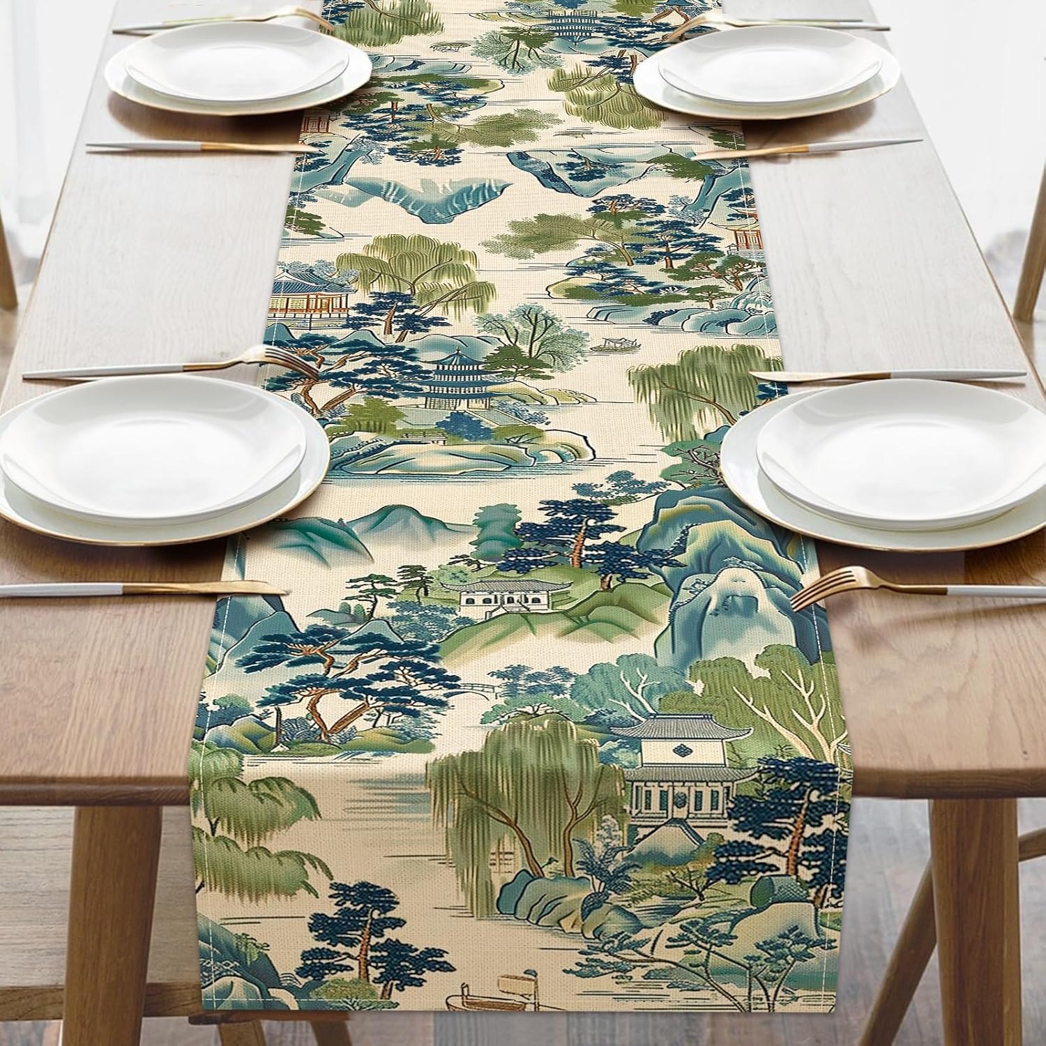 Kitchen Appliances Table - Lukisan Pemandangan Chinoiserie Taplak Meja Linen